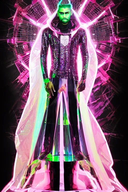 Image similar to full-body baroque and cyberpunk low-poly crystalline sculpture of attractive muscular iridescent Zayn Malik as a humanoid deity wearing a thin see-through plastic hooded cloak sim roupa, posing like a superhero, glowing pink face, crown of white lasers, large diamonds, swirling black silk fabric. futuristic elements. oozing glowing liquid, full-length view. space robots. human skulls. throne made of bones, intricate artwork by caravaggio. Trending on artstation, octane render, cinematic lighting from the right, hyper realism, octane render, 8k, depth of field, 3D