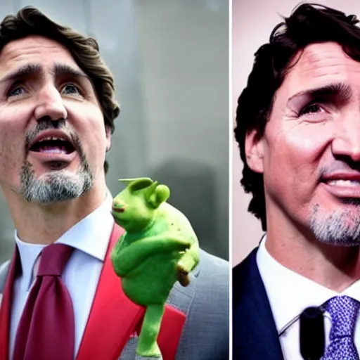 Image similar to justin trudeau cosplaying as a offensive shrek caricature, 7 2 0 p, realistic, controversial photo