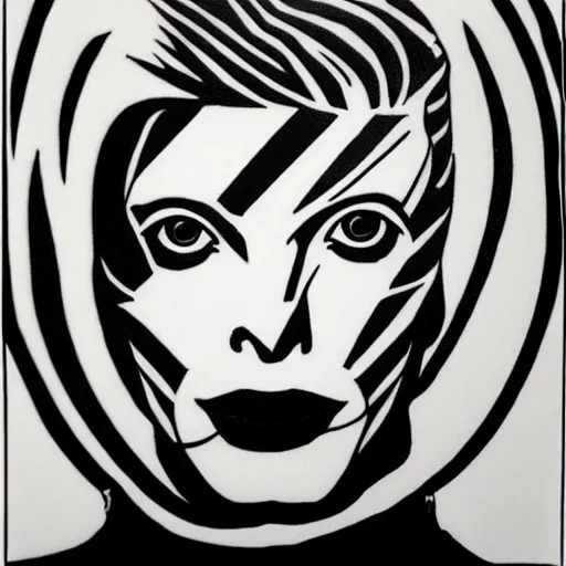 Image similar to tattoo design, stencil, portrait of david bowie, symmetrical face