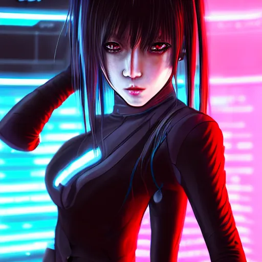 Image similar to An epic comic hyperrealistic anime painting of a cyber warrrior girl wearing futuristic wardrobe, black and silver, ultradetailed face expression trending on artstation and artbreeder, cyberpunk 2077 color, heavy rainning at tokyo street night, neon ligh, DAZ, 8k, unreal 5 engine render, cosplay, RPG portrait, final fantasy Vll world concept, dramatic lighting, rim lights, PS5 render quality