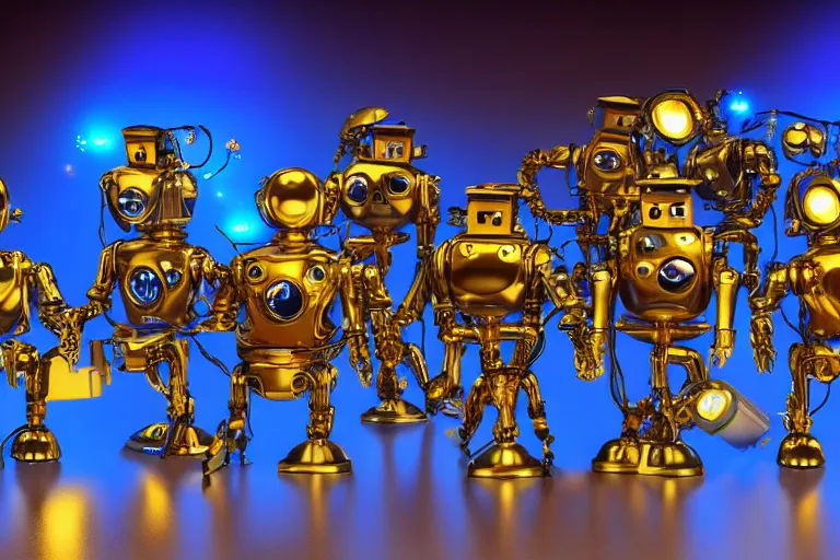 Prompt: 7 golden and blue metal humanoid steampunk robots dancing on a theaterstage, robots are wearing and gears and tubes, eyes are glowing red lightbulbs, shiny crisp finish, 3 d render, 8 k, insaneley detailed, fluorescent colors, nightlight