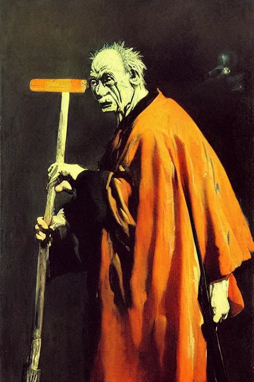 Prompt: insane crazy old priest in stained robes, surrounded by an aura crow feathers, holding a glowing sledgehammer, portrait, painting by francis bacon, by ilya repin, by goya