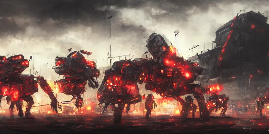 Image similar to concept art, of a [ rage against the machine ] band memebers!!! concert!!! humans fighting with robots!!, detailed, close shot, dark concept art, dark skies painting by wlop, nixeu and greg rutkowski, beautiful, semirealism, artstation, octane render, oil painting, sharpness, 8 k, golden ratio