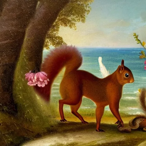 Image similar to a squirrel carrying napoleon bonaparte on its back, beach scene with flowers and foliage, detailed oil painting