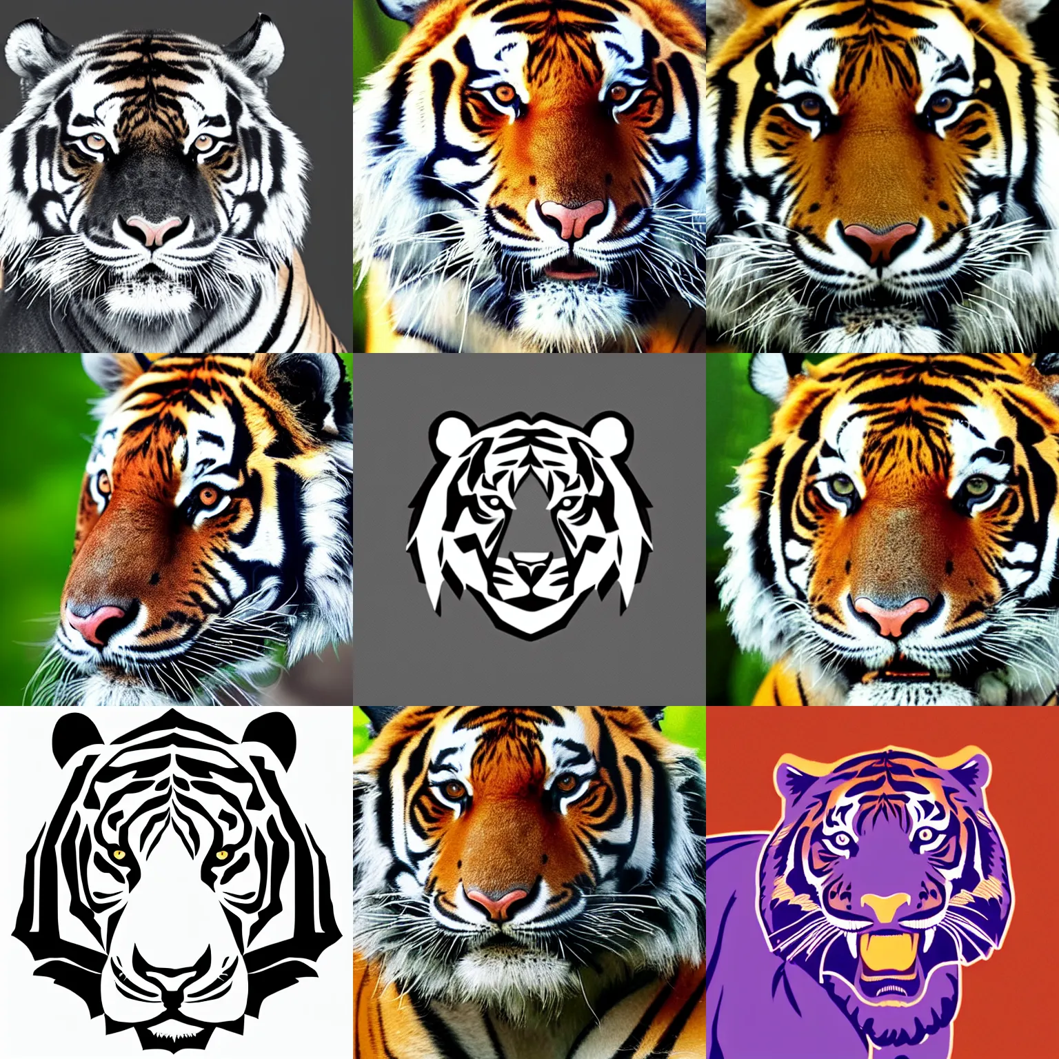 Prompt: a minimalist logo of the head of a tiger, the tiger is smiling, lime and violet