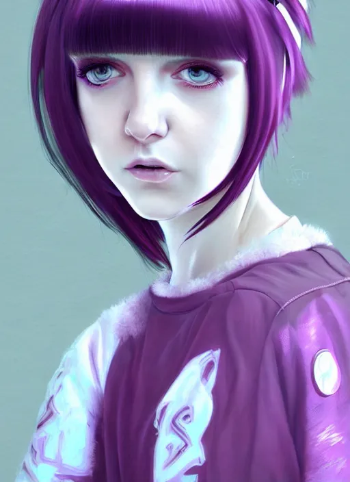 Prompt: portrait of white teenage girl named shrill prisston, normal face, black bangs, mall goth, cyberlox, black hair white bangs, fluffy bangs, red irises, purple hairband, intricate, elegant, highly detailed, digital painting, artstation, concept art, sharp focus, smooth, illustration, art by wlop, mars ravelo and greg rutkowski