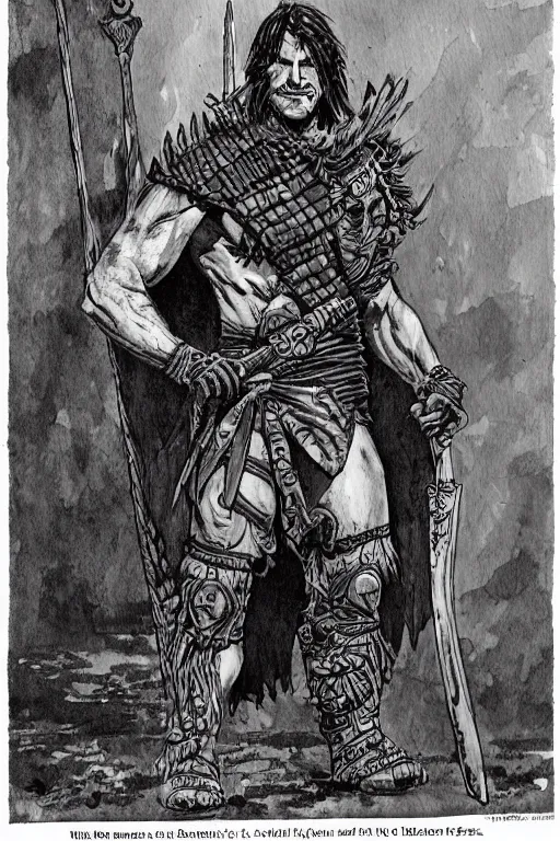 Prompt: a mix between a barbarian and a warlock, male, by hal foster