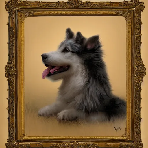 Prompt: a fluffy dog sitting on a bed smiling to his parents digital painting, artstation, concept art, soft light, hdri, smooth, sharp focus, illustration, fantasy, intricate, elegant, highly detailed, D&D, matte painting, in the style of Greg Rutkowski and Alphonse Mucha and artemisia, 8k, highly detailed, jurgens, rutkowski, bouguereau, pastoral, rustic, georgic