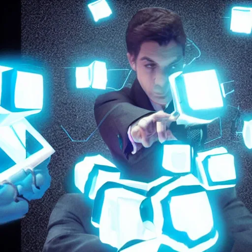 Image similar to ai fighting against men in black suits with black bioluminescent cubes as heads