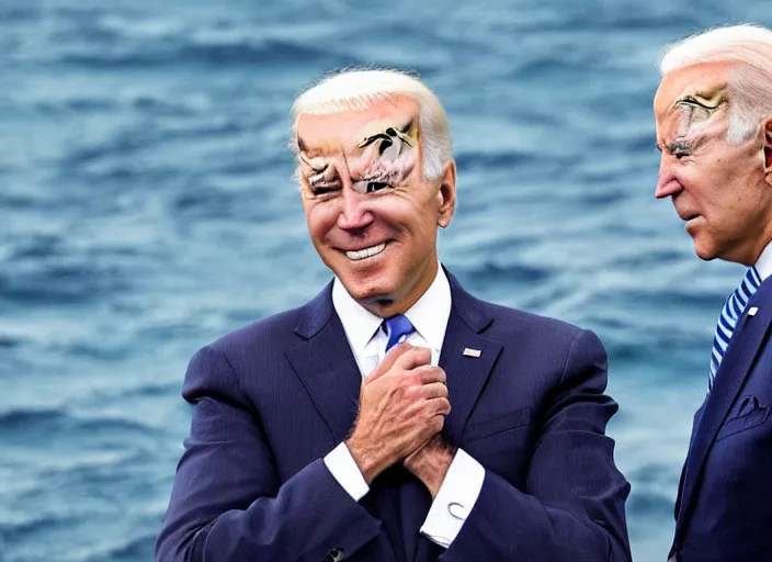 Image similar to confused Joe Biden scratching his neck standing in the middle of the ocean