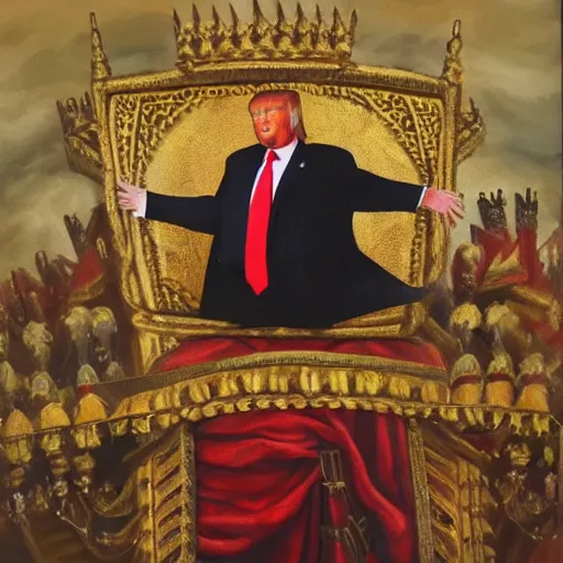 Prompt: oil painting of trump in midevil armor in castle on throne