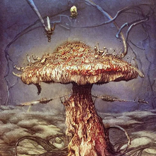 Image similar to strange mushroom by beksinski, luis royo and arthur rackham