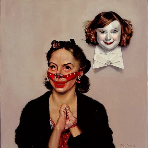 Prompt: frontal portrait of a woman with a white plastic theater mask, by norman rockwell