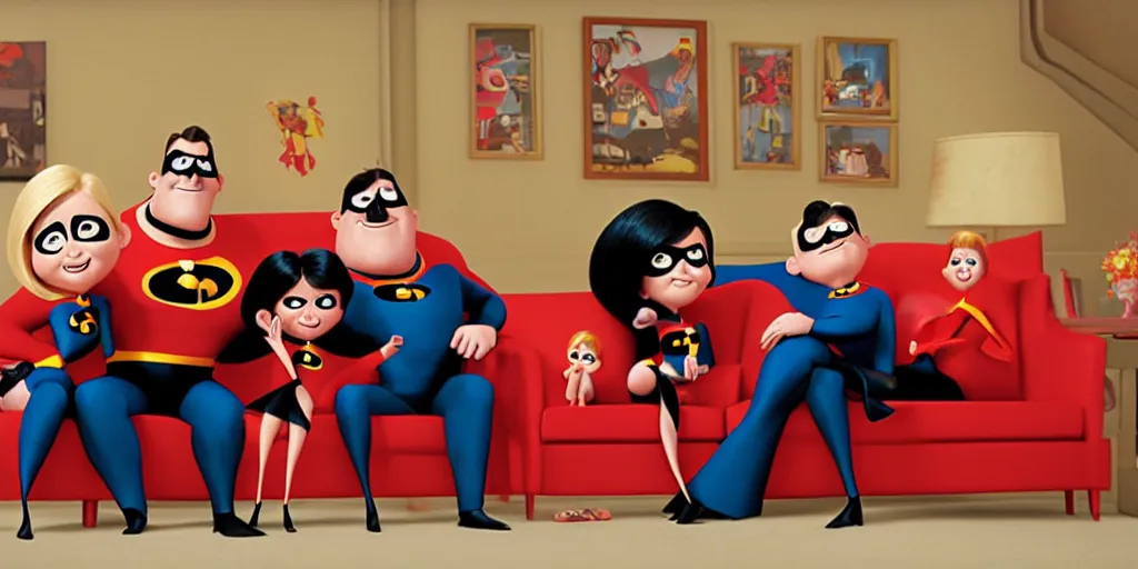 Prompt: the incredibles family sitting on a couch watching television, pixar art, stylish, john lassiter, cinematic frame, relaxed environment,