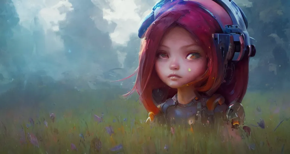 Image similar to a portrait of a chibi cyborg in a colorful field, by mandy jurgens and bayard wu and greg rutkowski, masterpiece, sharp focus, cinematic lightning, unreal engine, 8 k render