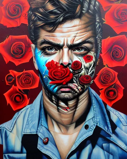 Image similar to split face of a man with pistol and roses in a deep sea with intricate details by Sandra Chevrier with half image