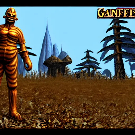 Image similar to garfield in morrowind, retro 3 d graphics, video game screenshot, pc game, elder scrolls