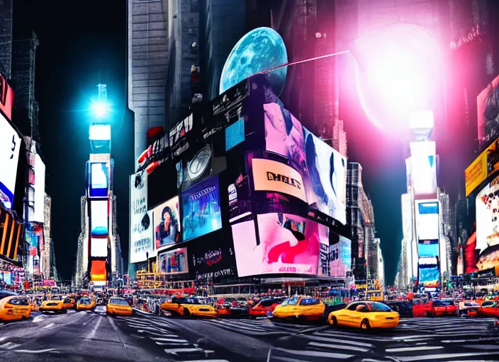 Image similar to film still of the moon shattering into pieces over time square in the new disaster movie, 8 k, night time