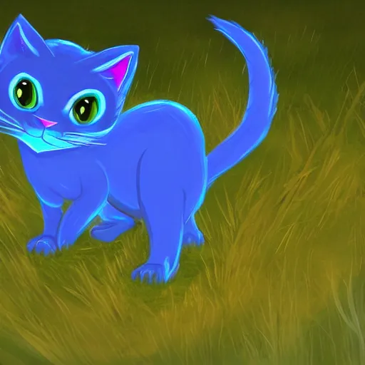 Prompt: illustration of glowing cute blue cat, grassy field and tree, detailed concept art, artstation, warrior cats, shading,