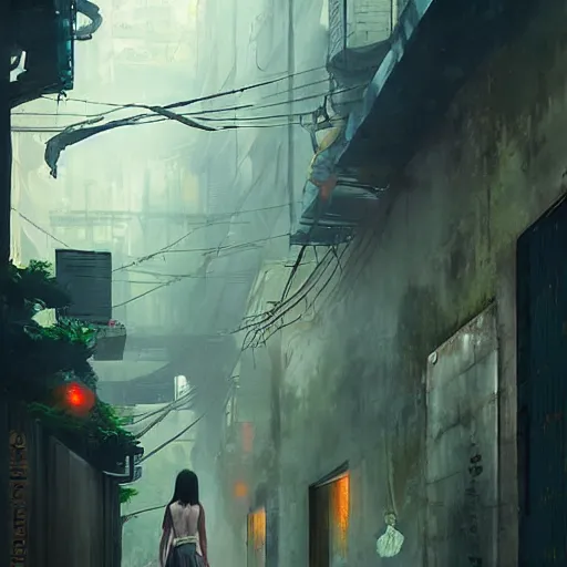 Prompt: an alley in singapore, art by greg rutkowski