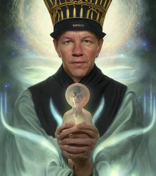 Image similar to A Magical Portrait of Mark Wahlberg as Aleister Crowley the Great Mage of Thelema, art by Tom Bagshaw and Wayne Barlowe and John Jude Palencar