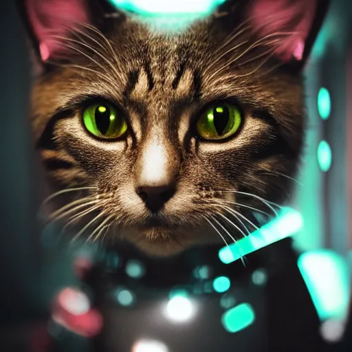 Image similar to portrait of a cute cyberpunk cat, realistic, futuristic, robot, professional photography