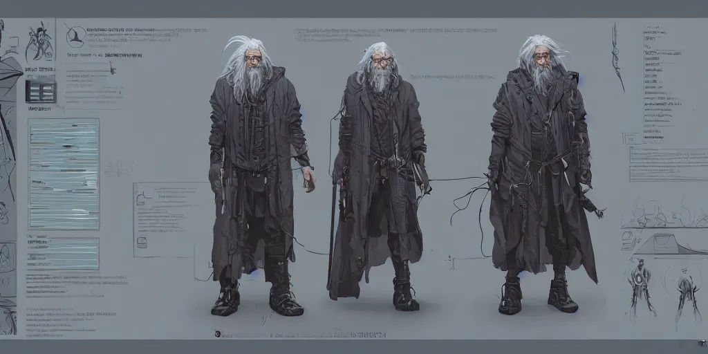 Image similar to cyberpunk gandalf, character sheet, concept design, contrast, kim jung gi, greg rutkowski, zabrocki, karlkka, jayison devadas, trending on artstation, 8 k, ultra wide angle, pincushion lens effect