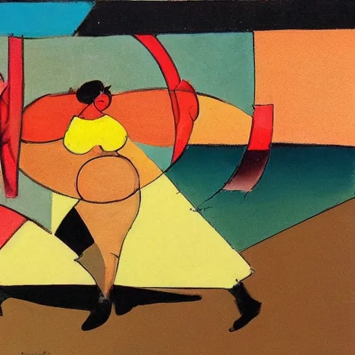 Prompt: beautiful sunset, fat woman dancing, cubism, muted colors, texture