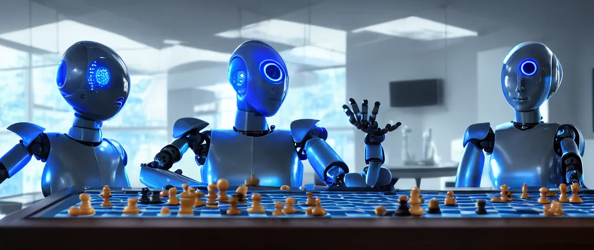 Prompt: a highly detailed photo of two futuristic matte blue full humanoid robots with glowing led eyes and chrome accents, sitting on large midcentury recliners facing off in an intense game of checkers. cinematic movie photograph, cinematic lighting, arri alexa, extremely detailed, smooth, very very clean, 8 k, octane render, maya render, unreal engine, trending on artstation, dslr