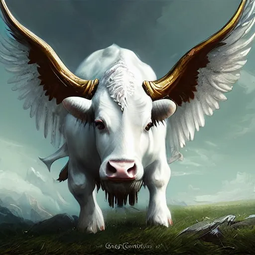 Image similar to a white bull with angelic wings, epic fantasy digital art, fantasy style art, by Greg Rutkowski, fantasy hearthstone card art style