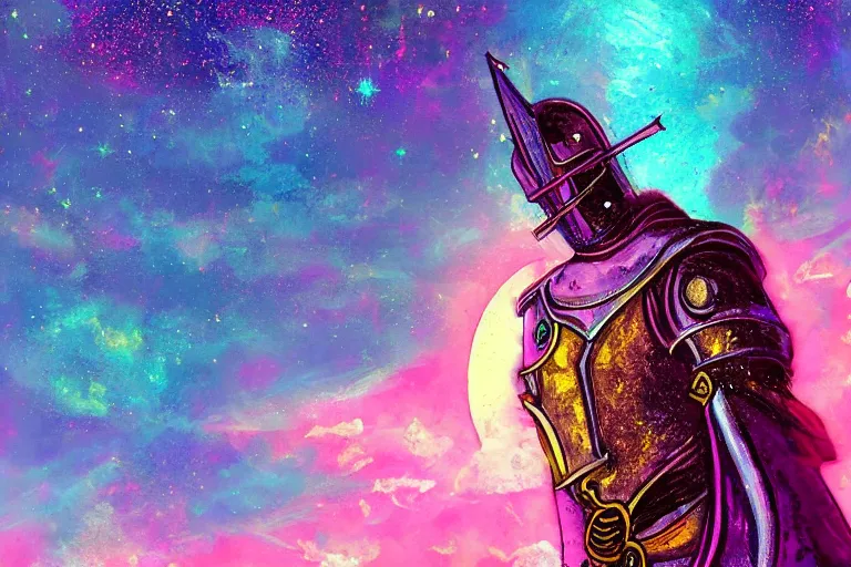 Image similar to digital art of a spiritual medieval knight looking up at the stars, acrylic art, universe, painting, pastel colors, synthwave, retro, cyberpunk,