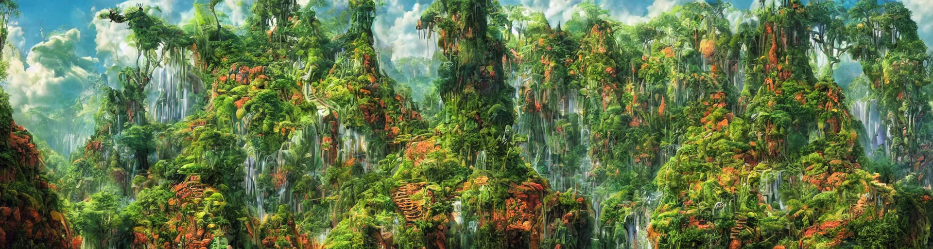 Prompt: Forested mountain paradise | solarpunk | Roger Dean |