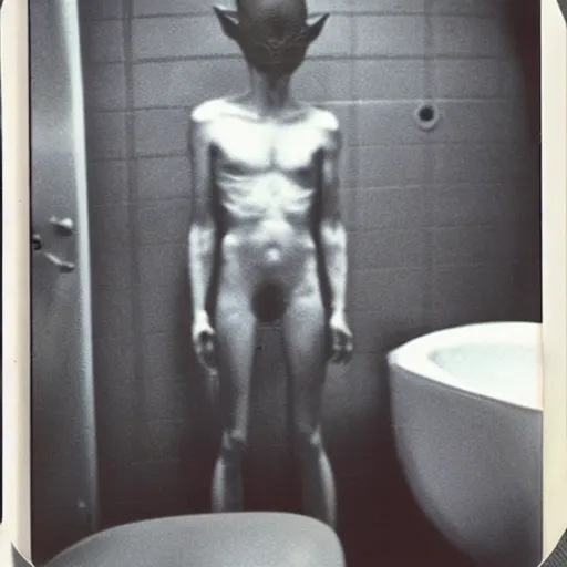 Image similar to polaroid of alien caught doing drugs in bathroom, roswell 1 9 6 2