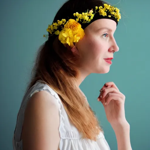 Image similar to a portrait of beautiful nordic woman wearing a white folkdrakt dress and headband of small yellow flowers. teal studio backdrop, medium close - up shot. dutch angle.