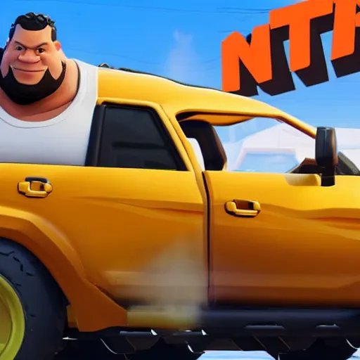 Prompt: fat john cena driving a car with really big tires, super big tires, chonky tires, fortnite screenshot. Chonkers. Chonk.