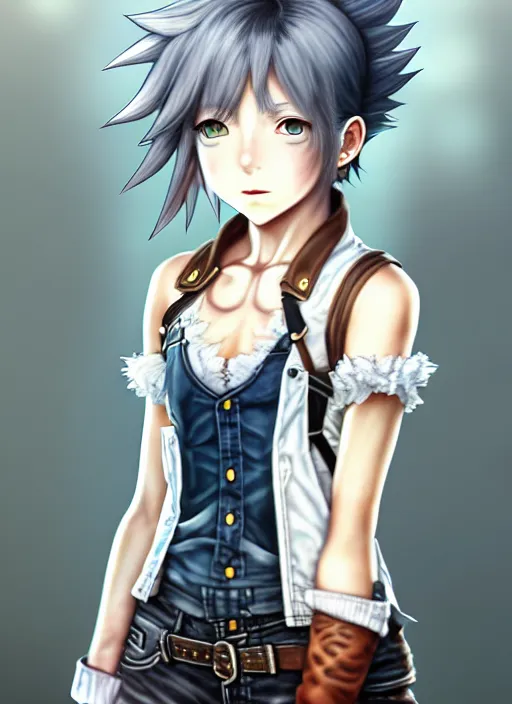 Image similar to a portrait of catgirl wearing white vest, and denim shorts an anime digital art ultrafine detailed painting, detailed painting, detailed eyes!!, final fantasy octopath traveler overlord