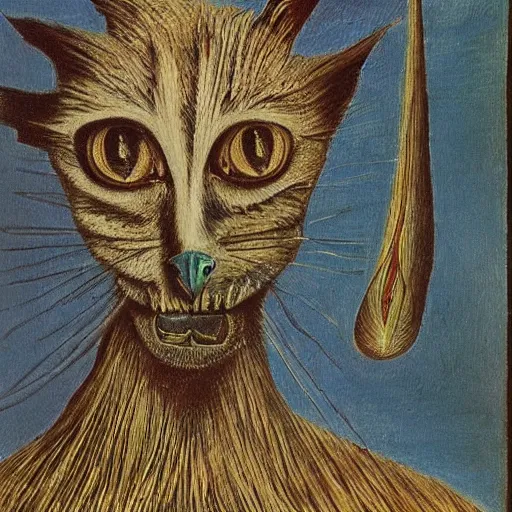 Image similar to very detailed and attractive portrait of a schizophrenic cat, painted by max ernst