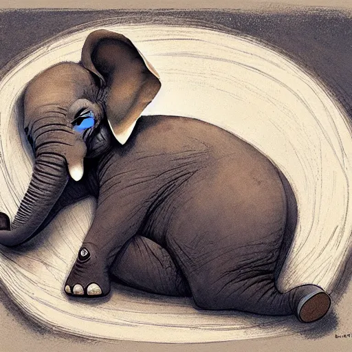 Image similar to a baby elephant sleeping soundly under a starry sky surrounded by savannah, illustration, detailed, smooth, soft, warm, by Adolf Lachman, Shaun Tan