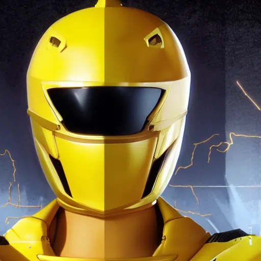 Image similar to symmetry!! yellow ranger, thunderbolt - helmet!!, artstation, art by murata, art by oda echiiro, art by tatsuki fujimoto, lightning helmet, 3 d, jumpsuit, gloves, futuristic poster,