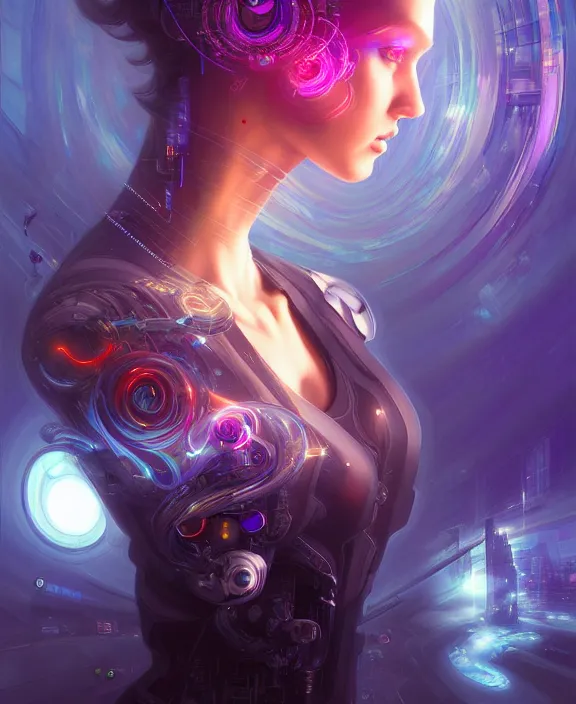 Image similar to a whirlwind of souls rushing inside the metaverse, hologram, half body, neurochip, shaved temple, piercing, jewelry, android, cyborg, cyberpunk face, by loish, d & d, fantasy, intricate, elegant, highly detailed, colorful, digital painting, artstation, concept art, art by artgerm and greg rutkowski and alphonse mucha