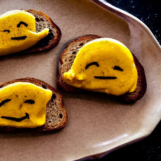 Image similar to artisan mustard in the shape of dwayne johnson's head, spread on toast. food photograph.
