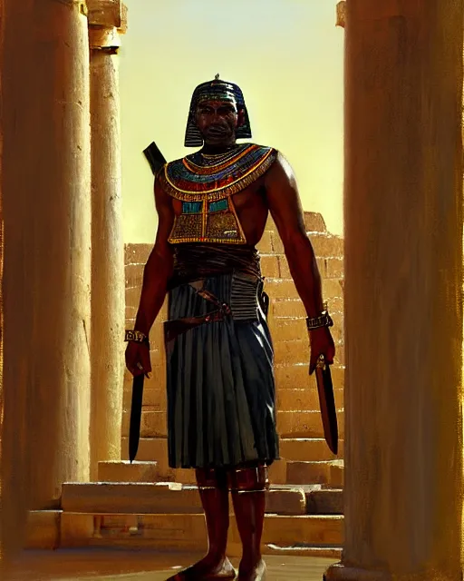 Image similar to oil - painting portrait of ancient nubian temple guard, armed with a long curved sword, dressed in leather and robes, standing guard of an old egyptian temple gate, art by craig mullins and anders zorn