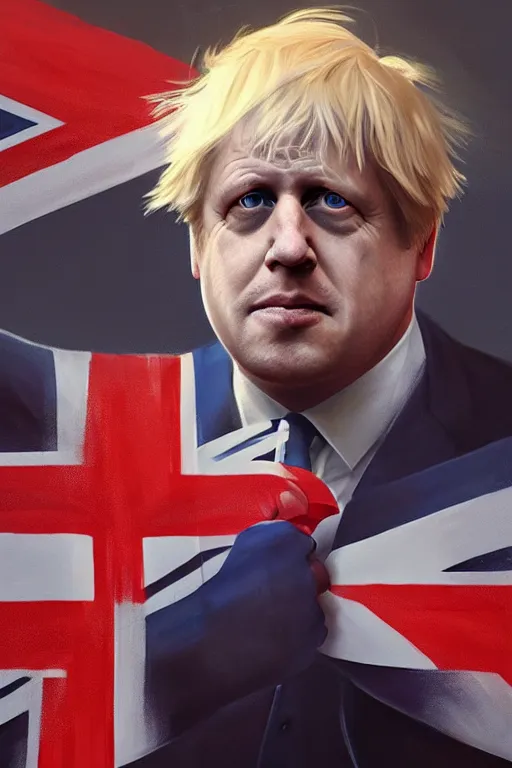 Image similar to Boris Johnson as a superhero with Union Jack flag, portrait, highly detailed, digital painting, artstation, concept art, smooth, sharp focus, soft volumetric lights, illustration, cinematic lighting, art by artgerm and greg rutkowski and alphonse mucha