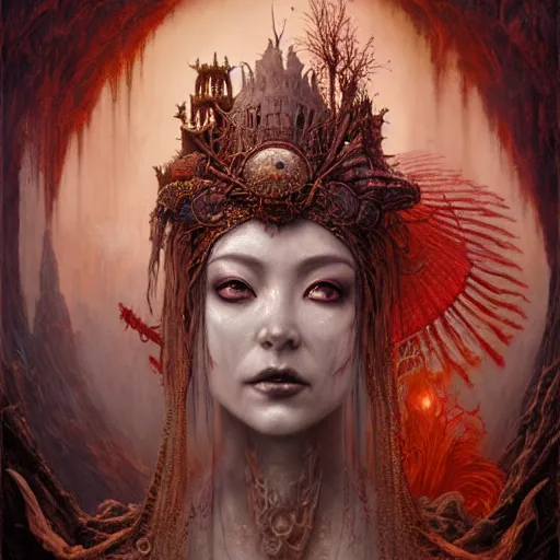 Image similar to a beautiful detailed 3d matte painting of female empress of the dead, by ellen jewett, tomasz alen kopera and Justin Gerard, symmetrical features, ominous, magical realism, texture, intricate, ornate, royally decorated, skull, skeleton, whirling smoke, embers, red adornements, red torn fabric, radiant colors, fantasy, trending on artstation, volumetric lighting, micro details, 3d sculpture, ray tracing, 8k