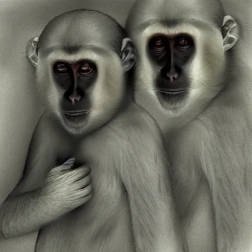 Prompt: two macaques looking at each other inside ancient cave, digital art, soft shadows, creepy art, shadman art