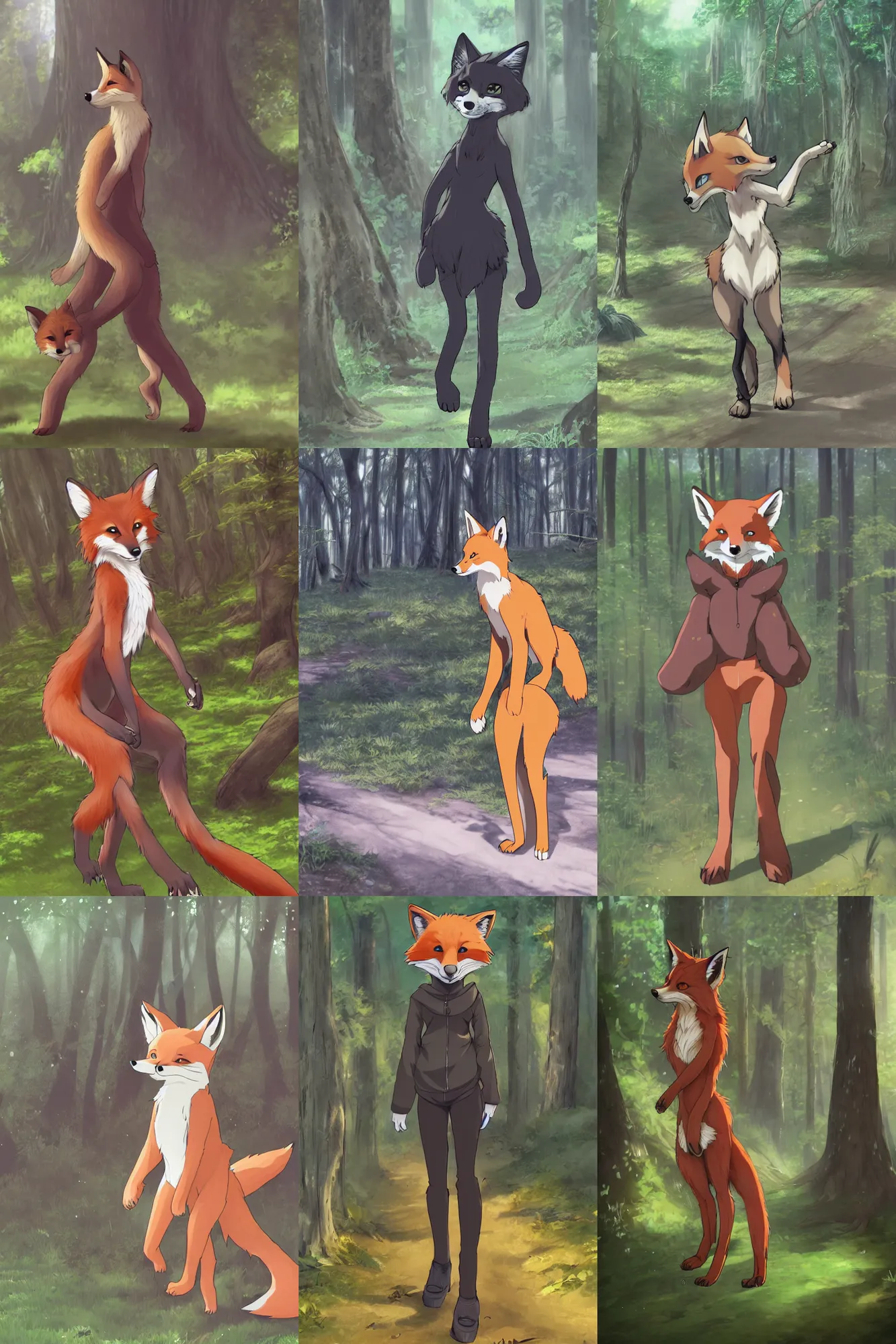 Prompt: furry art, anthro digitigrade natural - colored fox person with black paws, walking upright in a forest, fursona character commission, extremely detailed, anime key visual, pixiv, makoto shinkai, hibbary, dark natasha, goldenwolf, furaffinity, portrait, dramatic camera angle