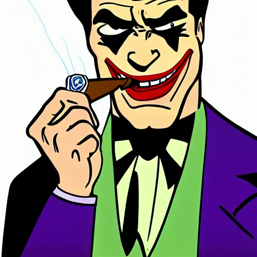 Prompt: Arnold Schwarzenegger as Joker smoking a cigar, cartoon style, looney tunes