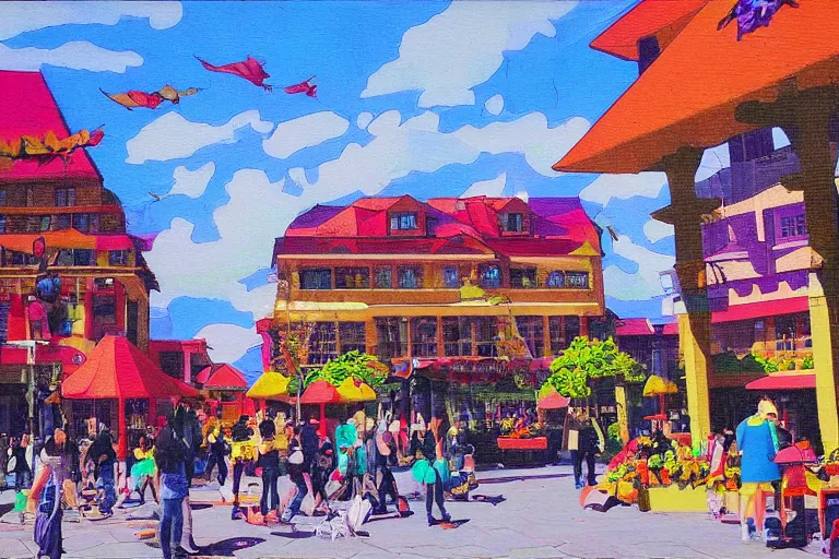 Prompt: townsquare in a sunny day, artwork by tooth wu, colorful high contrast, very coherent, dark shadow