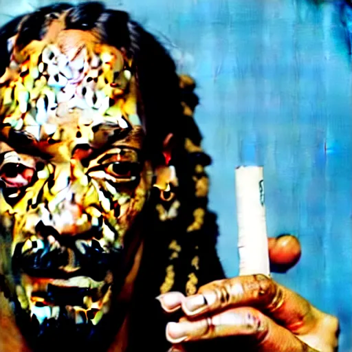 Image similar to Snoop Dog with big eyes eye color red , smiling and holding a joint in his hand