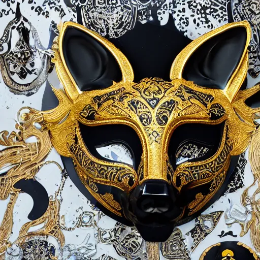 Image similar to an ornate fox mask, detailed with white and gold filagree and goldleaf decorative elements, sitting on a desk, painstaking detail, black lacquer, glossy shiny reflective, splashed with graffiti art